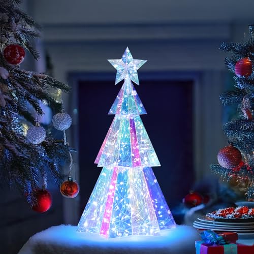 Holographic 15-Inch LED Christmas Tree Desktop Decor Iridescent Gift Box