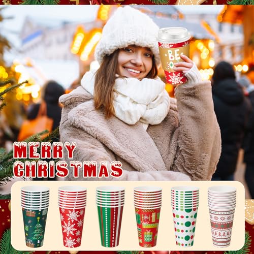 Sunnychicc 60 Sets Christmas Disposable Coffee Cups with Lids, 16 oz, Holiday Party Drinkware