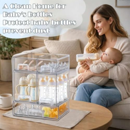 Baby Bottle Organizer with Hooks - 5 Pack Stackable Drawer Storage Set - High, Small & Wide Bins