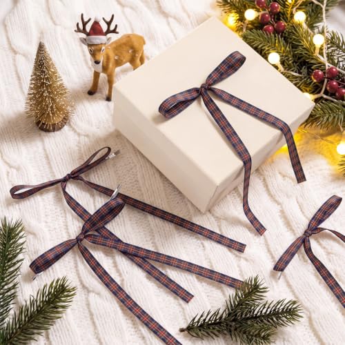Norme Navy Blue Plaid Christmas Ornaments Bow Set - 24 Pcs Tartan Ribbon Decor