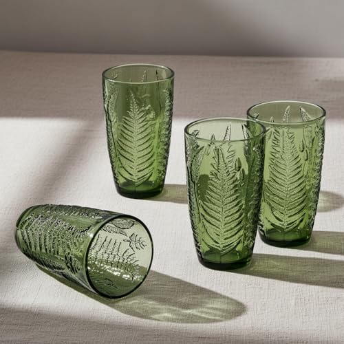 Green 16 oz Glass Drinking Set of 4 with Fern Texture - Dishwasher Safe