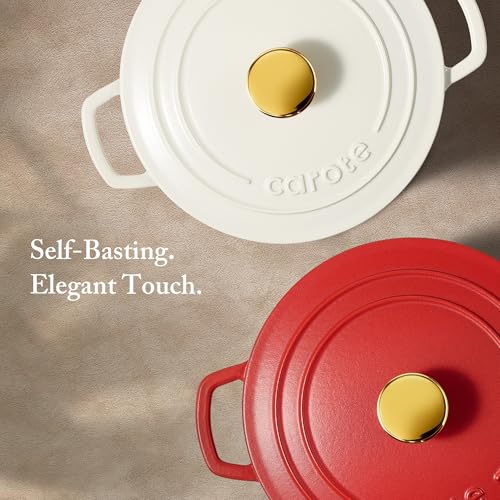 CAROTE 4QT Red Enameled Cast Iron Dutch Oven with Lid - Heavy Duty, Versatile Cooking Pot