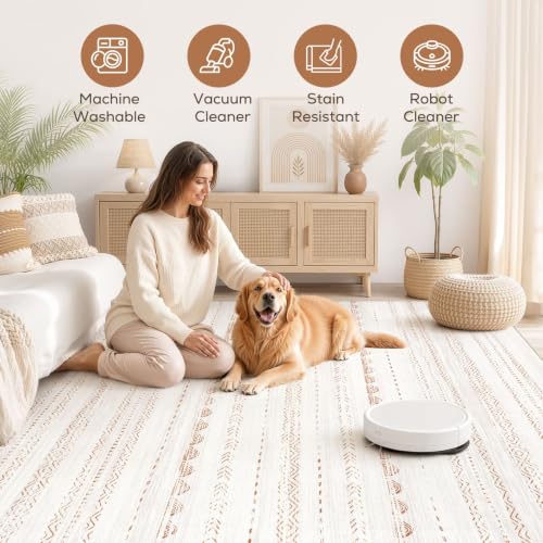 Beige Brown 8x10 Boho Area Rug - Machine Washable, Non-Slip, Soft for Living Room