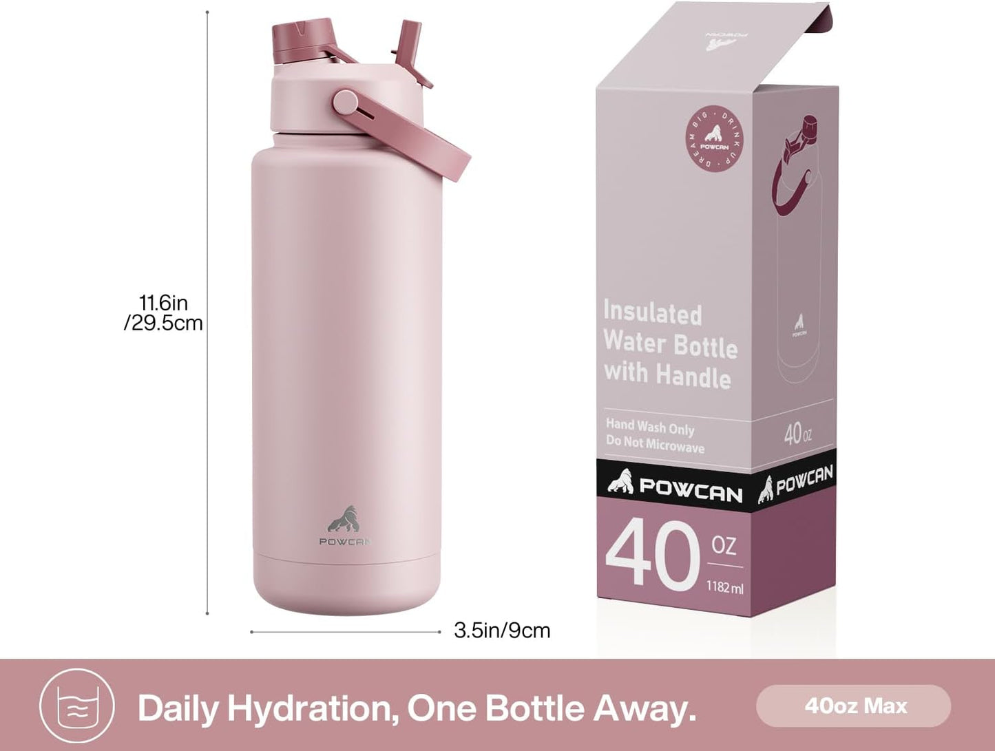 POWCAN 40 oz Insulated Water Bottle - 2-in-1 Straw & Spout Lid, Keeps Drinks Cold 24H | BPA-Free, Leak-Proof, Dried Rose