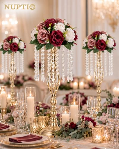 Artificial Flower Centerpieces - Fake Rose Balls with Patented Bases, 10 Pcs, Burgundy & White
