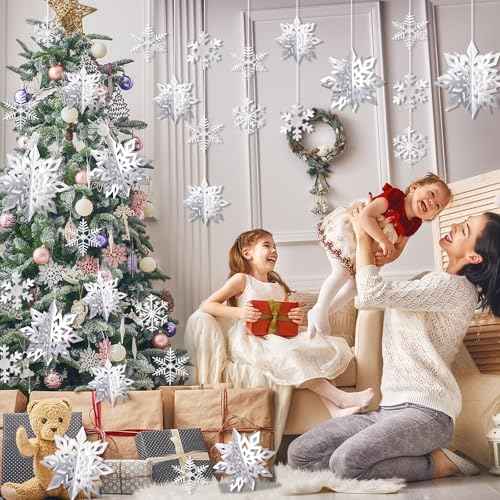 30pcs Paper Snowflakes Ornaments, 3D Silver Hanging Snowflake, Large Snowflake Garland for Christmas & New Year Party Decorations