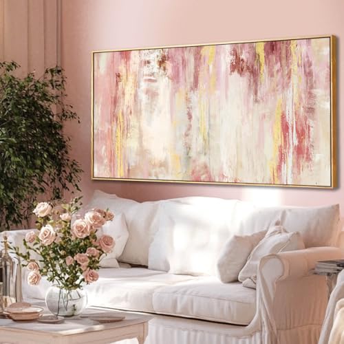 Pink Abstract Wall Art Canvas - Framed Oil Painting for Bedroom & Living Room 40L x 20W Inches - Modern Home Decor