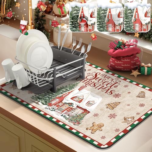 Yamaziot Christmas Dish Drying Mat, 12"x20" Small Coffee Mat Christmas Tree & Gingerbread Man Pattern, Non-Slip Kitchen Counter Mat for Coffee Bar Decor Accessories Espresso Machine Dish Rack Mat
