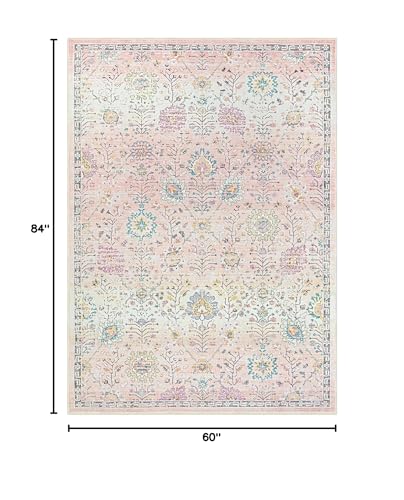 Pink Floral Rug for Girls Bedroom 5x7 - Soft Washable Dorm Carpet with Non-Slip Backing, Light Pink Variation