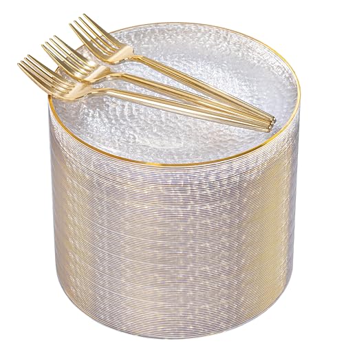 Clear Gold Dessert Plates with Forks Set - 6 Inch Hammered Plastic Party Plates & Gold Forks, Elegant Disposable Dinnerware for Weddings & Events
