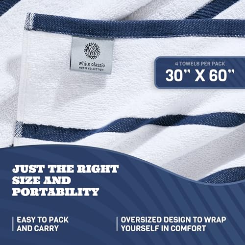 Striped Navy Blue Oversized Cotton Pool Towels 4 Pack - 30 x 60 Inches