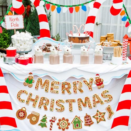 Gingerbread Merry Christmas Banner, Merry Xmas Banner for Christmas Party Decorations
