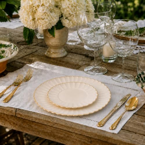 By Madee Heavyweight Ivory and Gold Scalloped Plastic Plates 100 Pc for Weddings & Parties