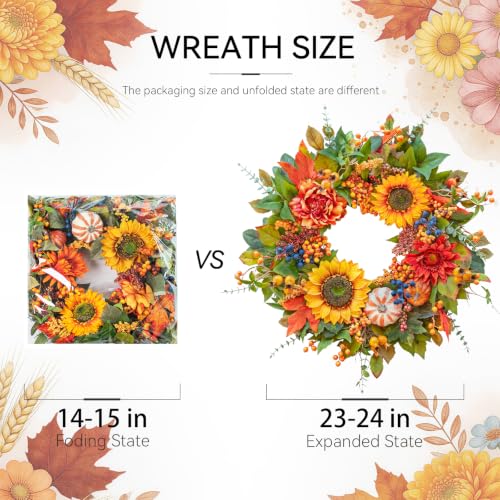 24 Inch Fall Wreath for Front Door with Sunflowers & Maple Leaves