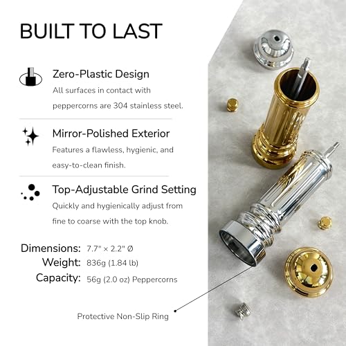 Aurevit All-Metal Pepper Grinder with Stainless Steel Core - Silver, Refillable, Adjustable Coarseness
