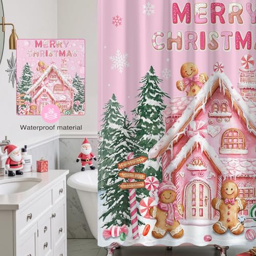 Pink Christmas Gingerbread Shower Curtain 72x72 inch Waterproof Bathroom Decor