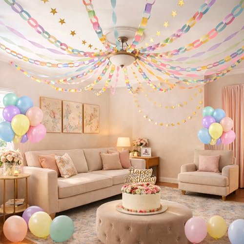 Pastel Birthday Decorations Kit with Paper Chain Garland - Gleebixi