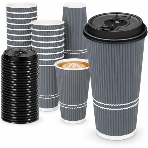 22 oz Disposable Coffee Cups with Lids - Dusk Grey 50 Pack - Hot & Cold Beverage