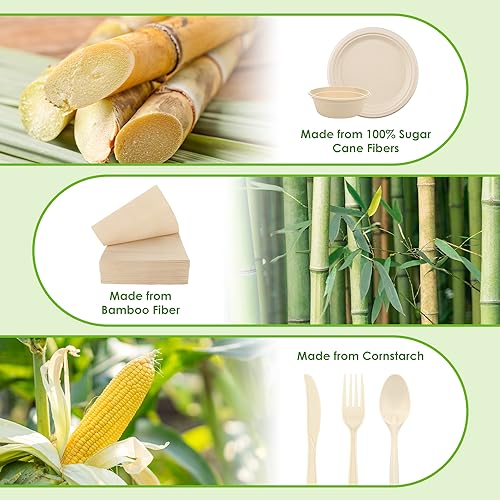 Brown Disposable Sugarcane Plates and Cutlery Set 300PCS Eco-Friendly Party Dinnerware