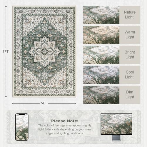 ExpediX Green Ivory 5' x 7' Washable Area Rug for Living Room & Bedroom