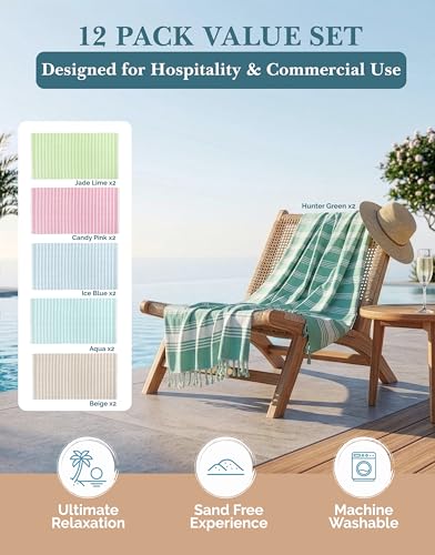 Casa Platino 12-Pack Oversized Turkish-Style Beach Towels 39x71, Soft & Quick-Dry