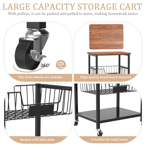 5-Tier Kitchen Storage Cart with Baskets and Wood Top - Rolling Utility Organizer