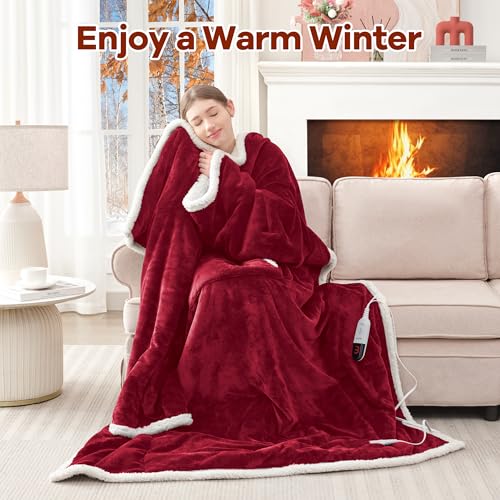 MAXEVE Heated Wearable Blanket with Foot Pocket & Sleeves - Wine, Long