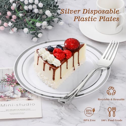 100PCS Silver Plastic Plates, Disposable Party Plates