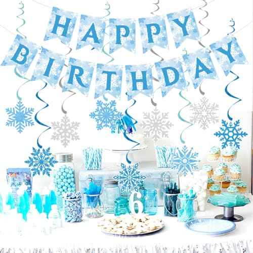 Winter Snowflake Hanging Swirl Happy Birthday Party Decorations Banner, Blue White Silver Christmas Glitter Snowflake Hanging Swirls for Winter Wonderland Birthday Party Supplies
