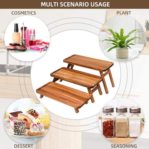 Acacia Brown 3-Tier Serving Tray Set - Foldable Wooden Dessert & Charcuterie Display