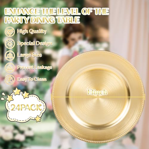 24Pcs Round Gold Charger Plates 13'' - Elegant Plastic Tableware for Weddings & Events