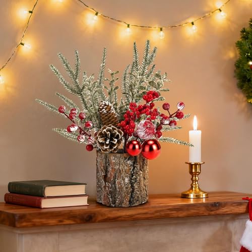 Mljsh Small Christmas Table Centerpiece with Pinecones & Red Berries - Rustic Farmhouse Holiday Decor (1pc)