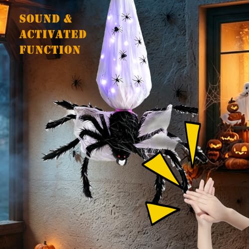 Halloween Animatronic Hanging Spider Decoration - 3FT Sound & Touch Activated with Egg Sack - Outdoor Indoor Haunted House Decor - Variation: Spider