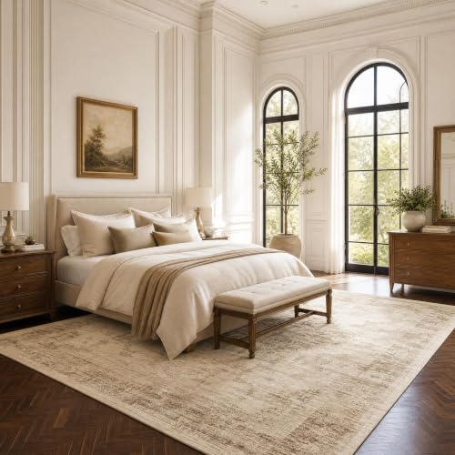 Garvee Beige Boho Area Rug 8x10 - Vintage Medallion Low-Pile, Washable