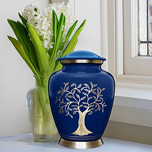 Blue Tree of Life Cremation Urn for Adults - Handcrafted Aluminum Memorial with Threaded Lid