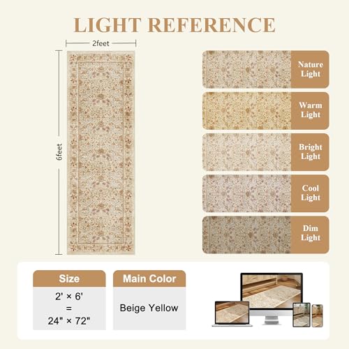 2x6 Runner Rug, Washable Vintage Floral Kitchen Beige