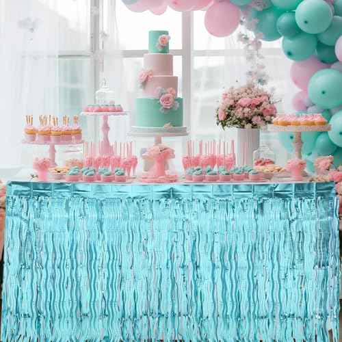 2 Pack Shiny Wavy Tinsel Foil Fringe Table Skirts Table Decorations for Mermaid Birthday Decorations, Summer Beach Theme, Ocean Tropical Shark Luau Birthday Party Decor (Teal Blue)