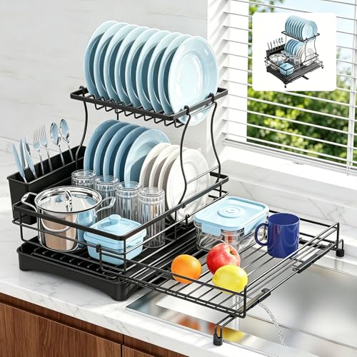 Black Double-Tier Extendable Dish Drying Rack with Drainboard & Utensil Holder