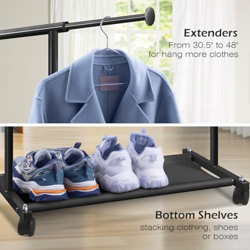 MISSLO Black Short Clothing Rack with Shelves & Wheels - Space-Saving Wardrobe, Kids & Adult Use