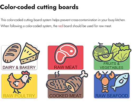 6-Piece Color Coded Plastic Cutting Boards Set - 18 x 12 Inches, Anti-Slip, Dishwasher Safe