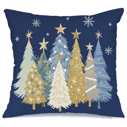 Christmas Pillow Cover 20x20 Inch Watercolor Tree & Stars Holiday Decor