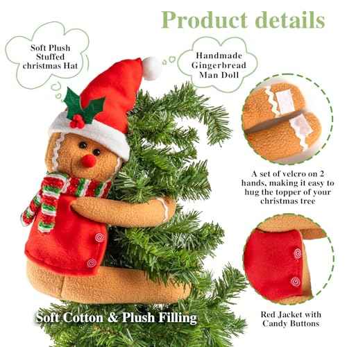 Gingerbread Christmas Tree Topper Decorations,Gingerbread Ornament Doll Tree Hugger Decor for Curtain Wine Bottle Christmas Tree Holiday Home Decor, 11" x 15"
