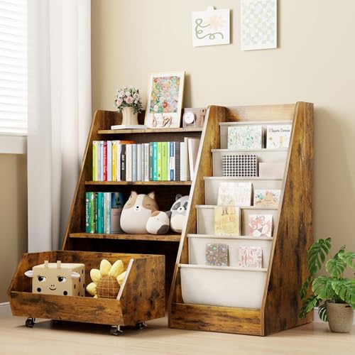 COZPAW Medium Kids Bookshelf Toy Storage Brown 4-Tier Toddler Organizer
