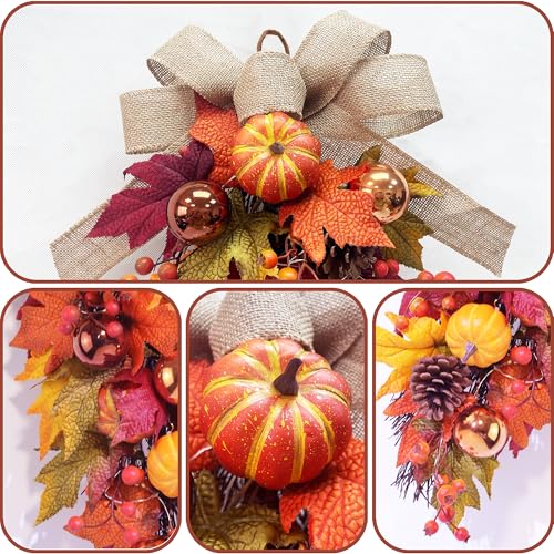 24-Inch Pre-Lit Fall Teardrop Swag with 15 Warm LED Lights & Timer, Autumn Door Decor