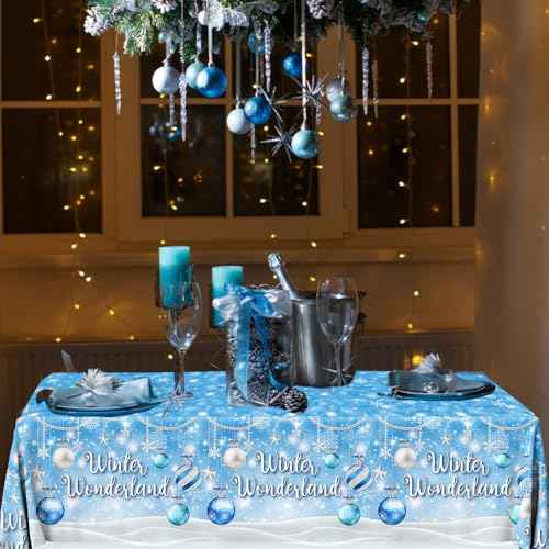 Winter Wonderland Tablecloth Blue Snowflake Winter Party Decorations Winter Wonderland Christmas Lights Snow Disposable Plastic Table Cover for Winter Wonderland Baby Shower Birthday Party Supplies