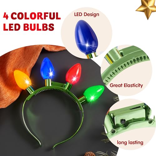 JOYIN 1 Pack Christmas Headband LED Light Bulb Flashing Headband with 4 Colorful LED Bulbs for Adults Kids Accessories Christmas Party Favors Xmas Party Supplies