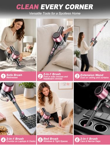 Pink Cordless Vacuum Cleaner 50KPa Lightweight Stick for Home & Pet Hair