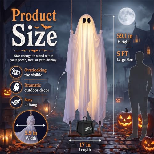 Outdoor Halloween Ghost Swing with String Lights - 5 ft Spooky Yard Decor