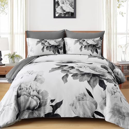 Dobuyly Queen Comforter Set 7 Pieces Grey Floral Bed in a Bag, All-Season Microfiber Bedding