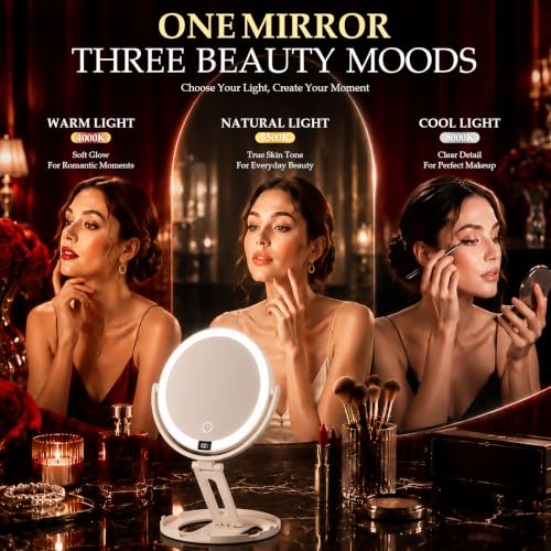Velmelle White Travel Makeup Mirror with Lights, 1X/30X Dual-Sided Magnification